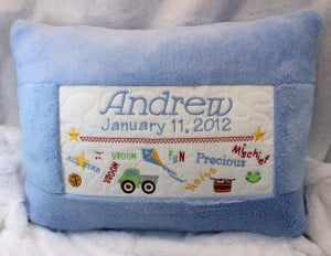 Birth Sampler Pillow Boy (6×10)