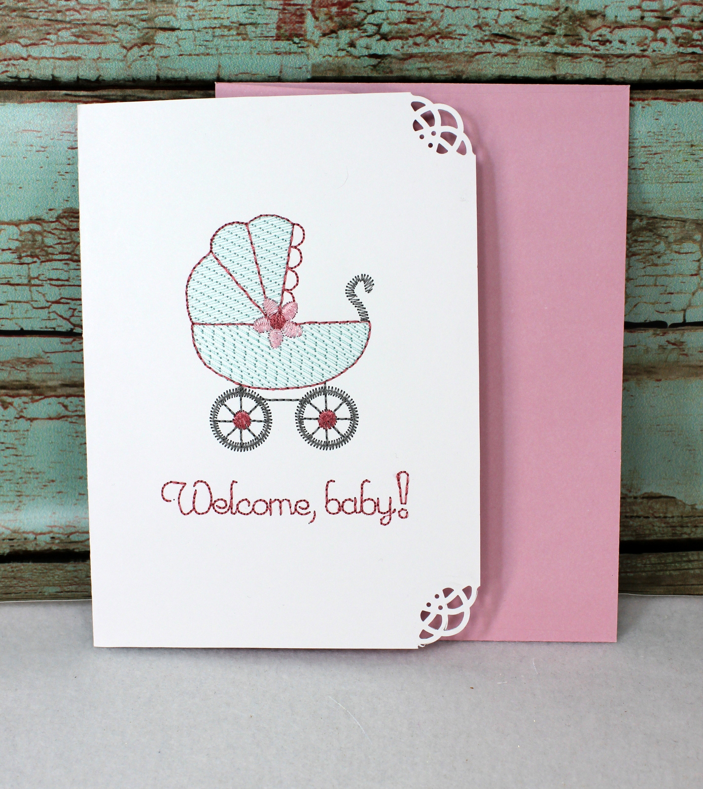 WELCOME BABY GIRL Handmade Greeting Card. Made in Bright Pink and Light Pink  Card Stock W/embellishments and Ribbon. 